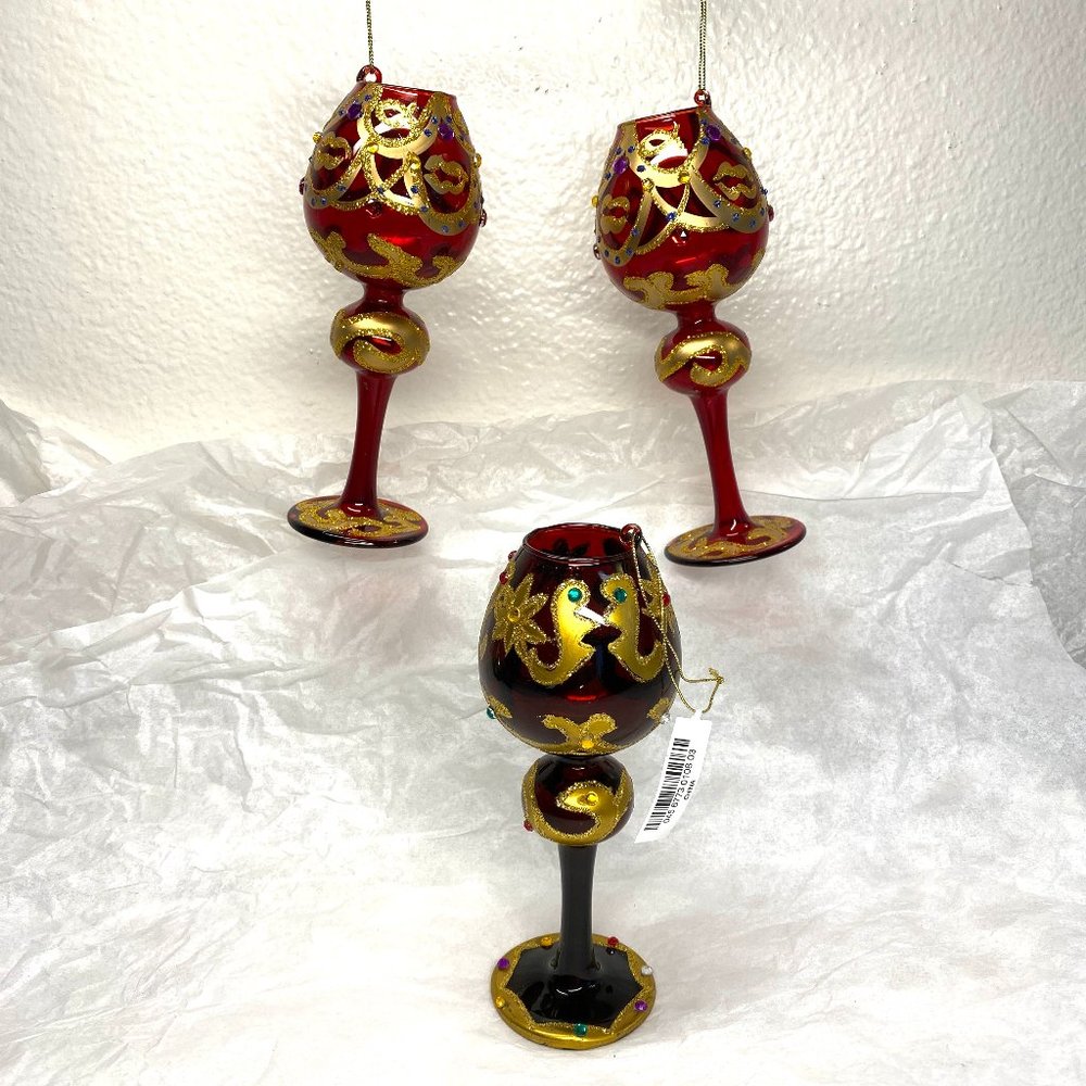 Christmas Ornaments in Red Burgundy Wine Glasses with Gold De Set of 3